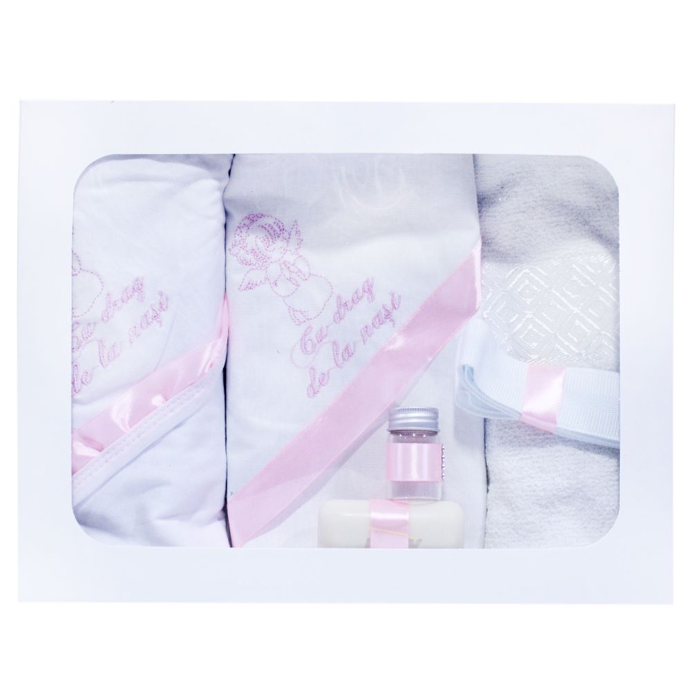 Set complet pentru botez, lumanare si trusou, alb-roz, cu mesaj �Cu mult drag de la nasi� pentru botez, 7 piese, REC346 - imagine 4