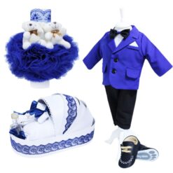 Set complet pentru botez, lumanare tip glob cu doi ursuleti de plus atasati, costum albastru-electric, trusou brodat cu mesajul "Azi m-am crestinat" si pantofiori, 13 piese, REC897