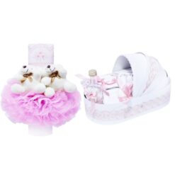Set complet pentru botez, lumanare tip glob si trusou, alb-roz, cu mesaj �Azi m-am crestinat�, 7 piese, REC372