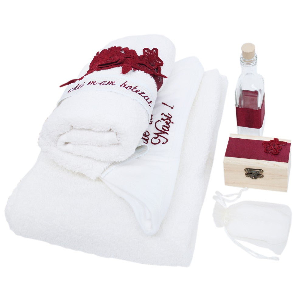 Trusou alb-visiniu pentru botez, compus din prosop bebe, prosop preot, panza mir, sapun, fasa, sticluta mir, cutiuta prima suvita, 7 piese, REC1400 - imagine 3