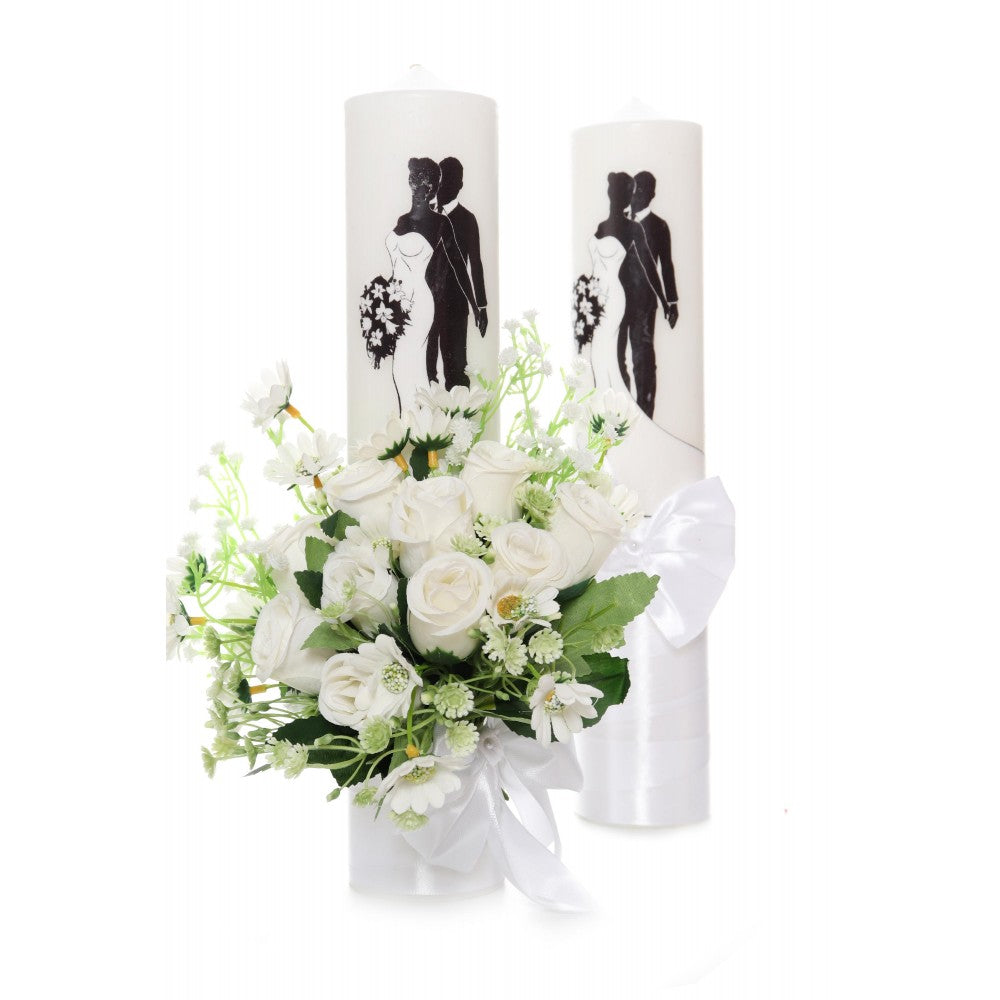 Set lumanari pentru nunta, flori artificiale, alb, 2 bucati, Recostore, REC1714 - imagine 5