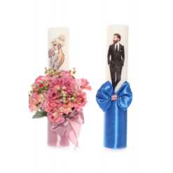 Set lumanari pentru nunta, flori artificiale, roz pudrat-albastru, 2 bucati, Recostore, REC1711