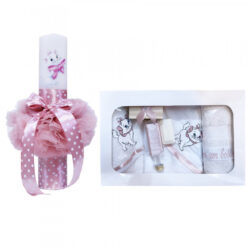 Set trusou si lumanare pentru botez de fete, pisicuta aristocrata, roz pudrat, 9 piese, Recostore, REC1819