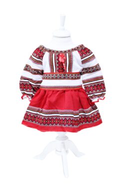 Costum popular, alb-rosu, 3 piese, bluza, fusta, brau, pentru fetite REC5
