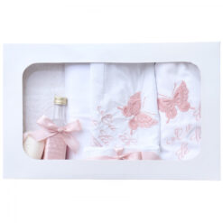 Trusou brodat cu fluturi pentru botez de fete, 7 piese, roz pudrat, Recostore, REC2194