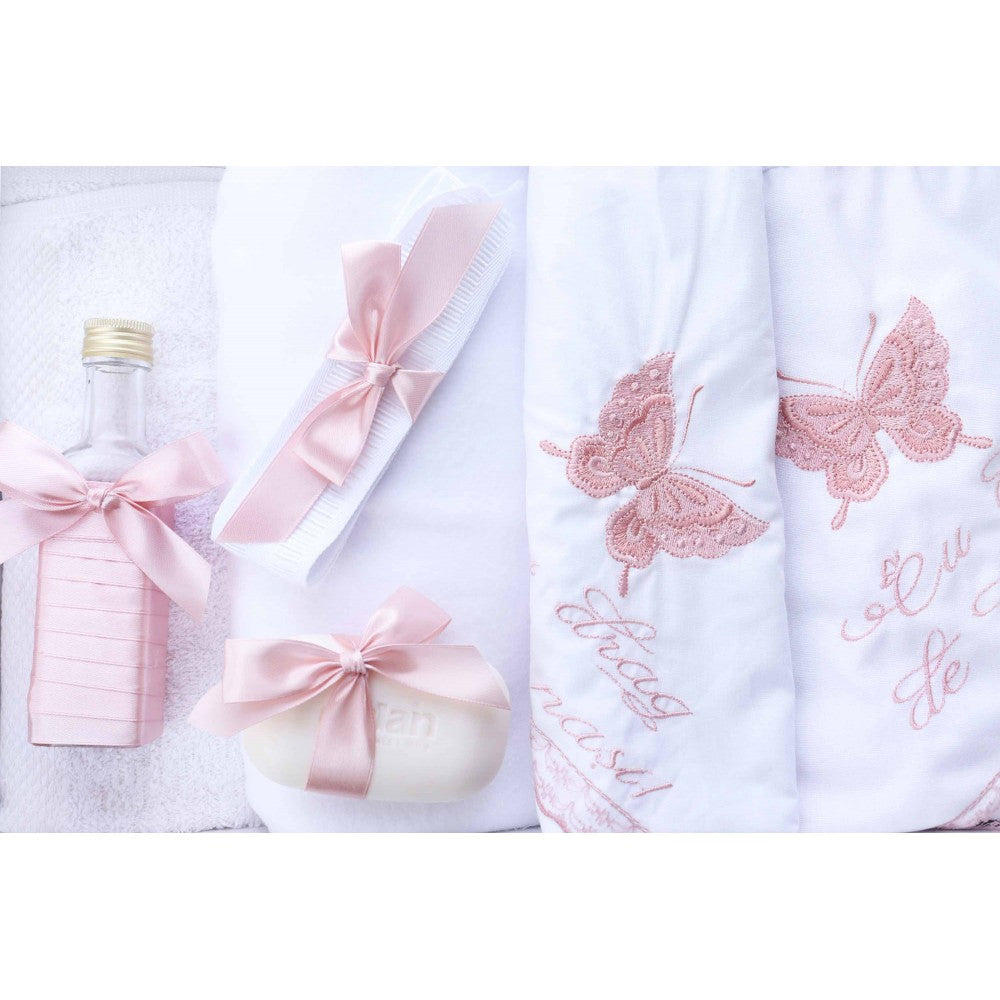 Trusou brodat cu fluturi pentru botez de fete, 7 piese, roz pudrat, Recostore, REC2194 - imagine 3