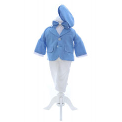 Costum elegant  de culoare bleu deschis pentru botez, 5 piese, sacou, pantaloni, camasa, bascuta si papion, Recostore, REC2425