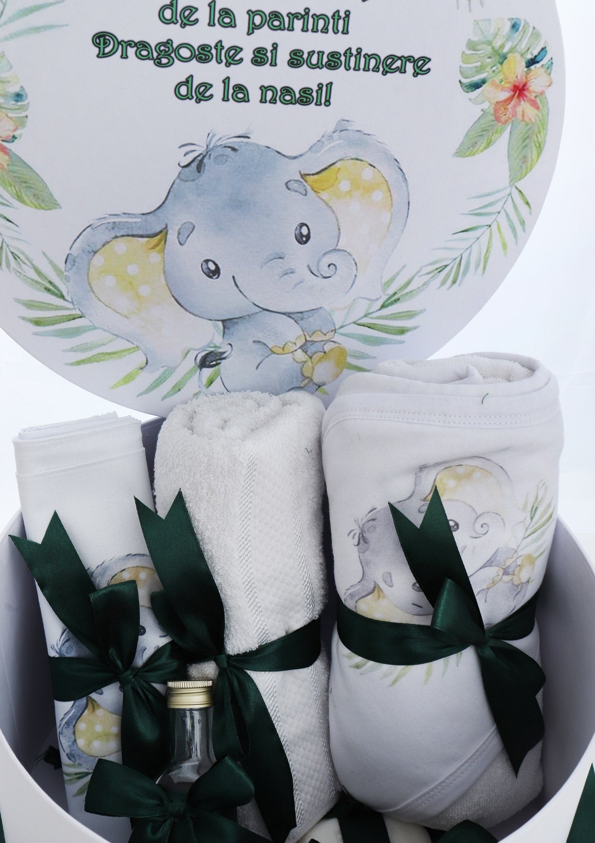 Trusou pentru botez de baieti, Model Elefant, Verde, 8 piese, Recostore®, REC2512 - imagine 3