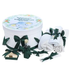 Trusou pentru botez de baieti, Model Elefant, Verde, 8 piese,  Recostore®, REC2512