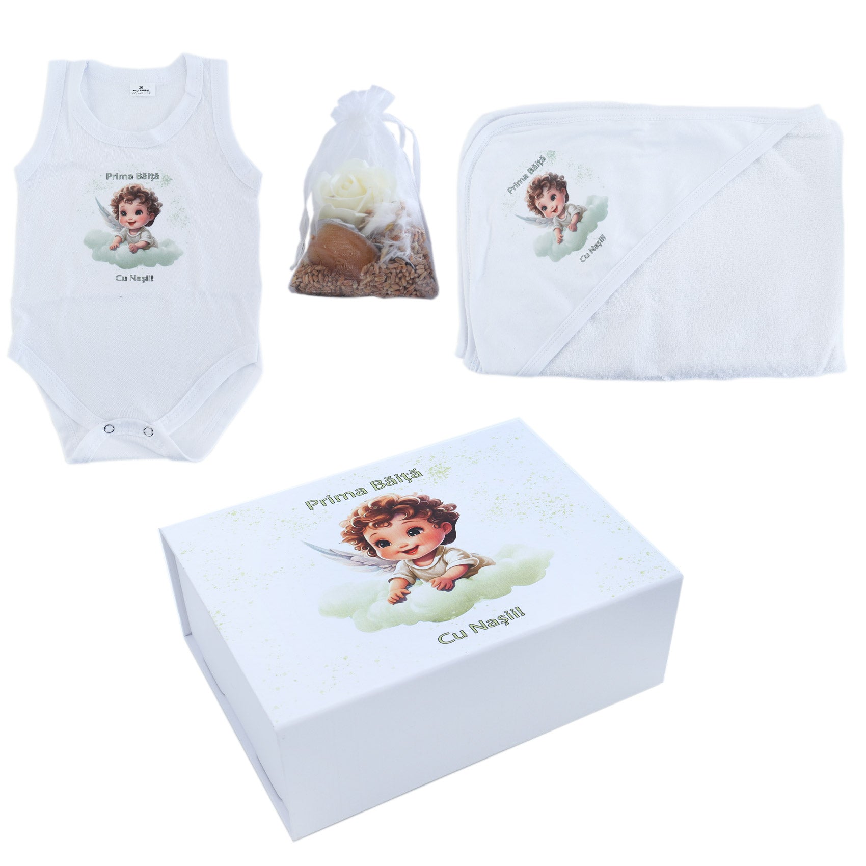 Set prima baita dupa botez cu nasii, body, prosop si saculet cu mirodenii, Ingeras, REC2553