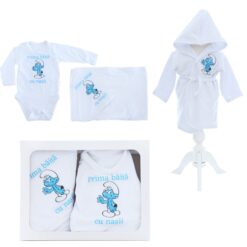 Set pentru prima baita cu nasii, halat, prosop si body, Strumfi, REC2544