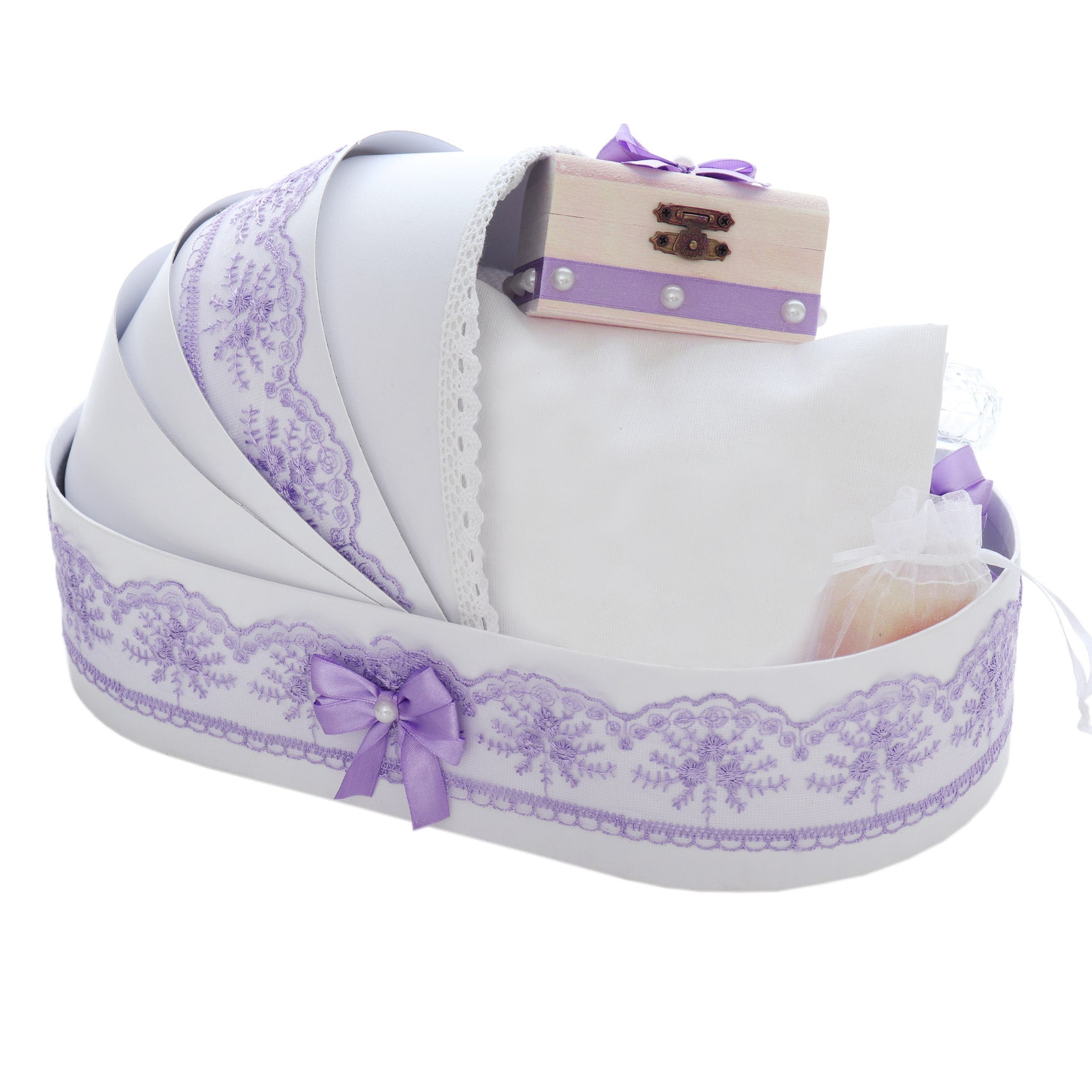 Trusou simplu tip landou pentru botez de fete, lila, 8 piese, REC5005/32