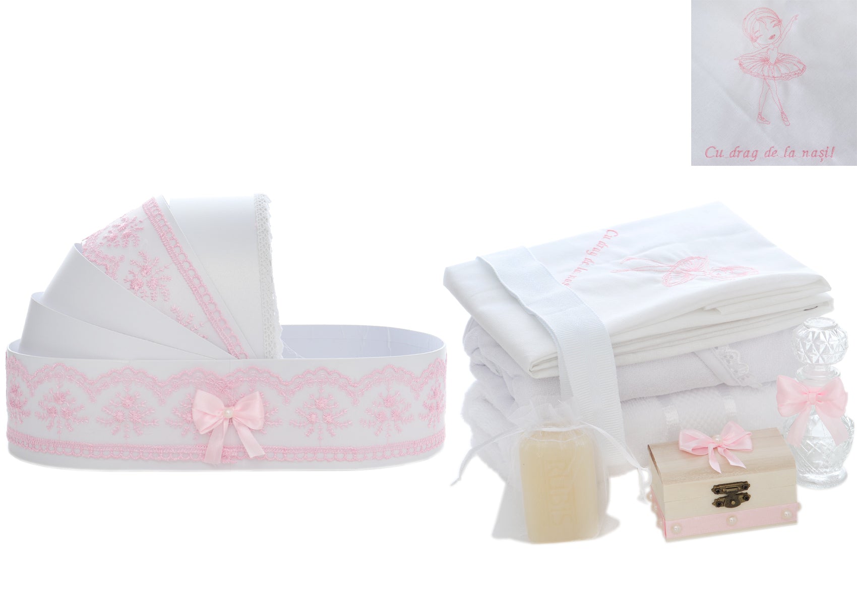 Trusou tip landou pentru botez de fete, Model brodat cu Balerina, roz, 8 piese, REC5005/12 - imagine 5