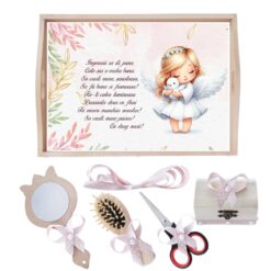 Set tava pentru taiere mot/turta la fete, Model cu ingeras, roz pudrat, 6 piese, 35x20 cm, Recostore®, REC1967/241