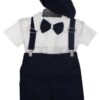 Costum cu maneca scurta pentru botez baieti, bleumarin compus din 4 piese, Pantaloni cu beretele, Camasa tip body, Papion si Bascuta, Recostore®, REC2710