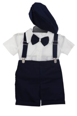 Costum cu maneca scurta pentru botez baieti, bleumarin compus din 4 piese, Pantaloni cu beretele, Camasa tip body, Papion si Bascuta, Recostore®, REC2710