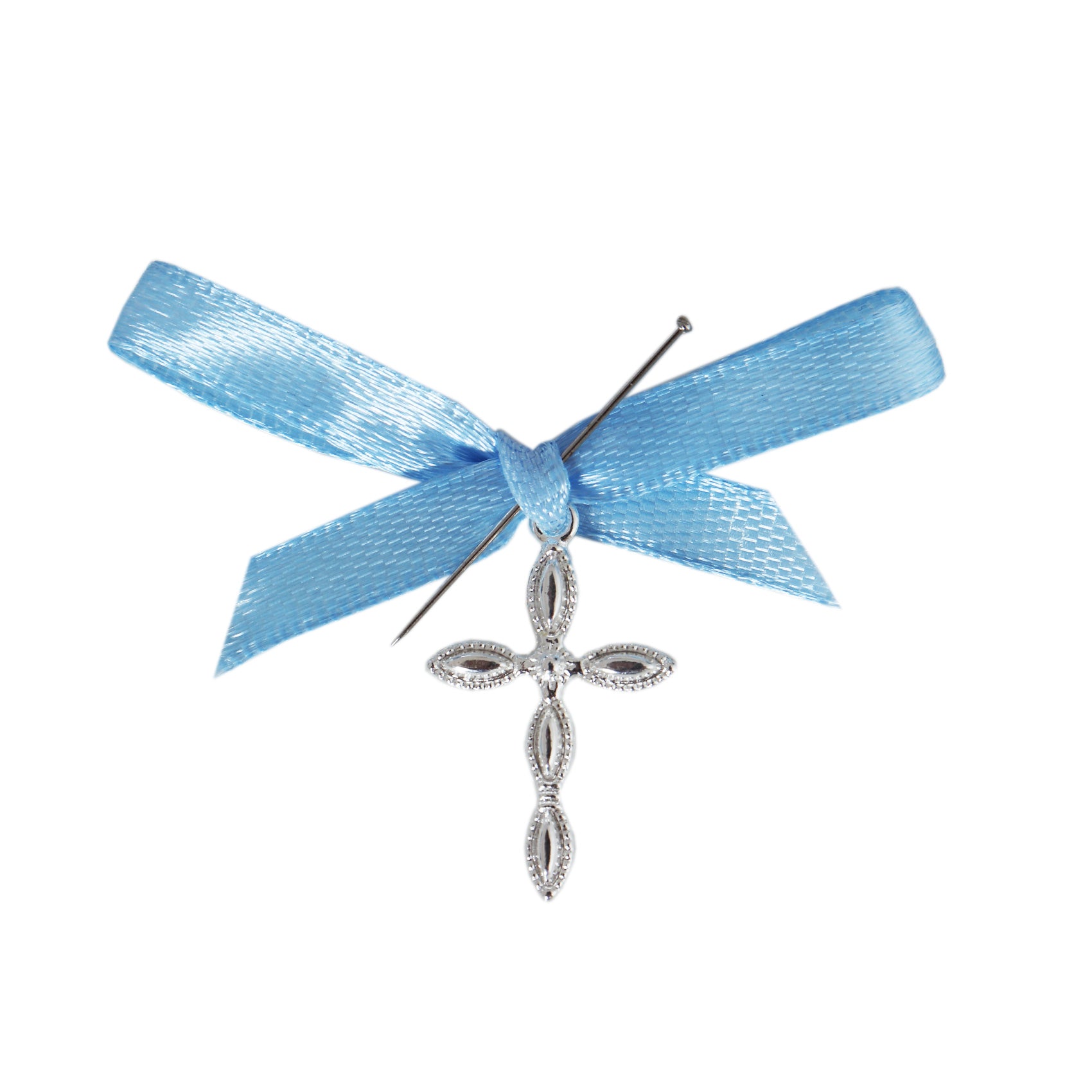 Set 20 marturii, cruciulite biserica din metal cu bolduri si cutiuta, funda bleu, REC1968/47 - imagine 2