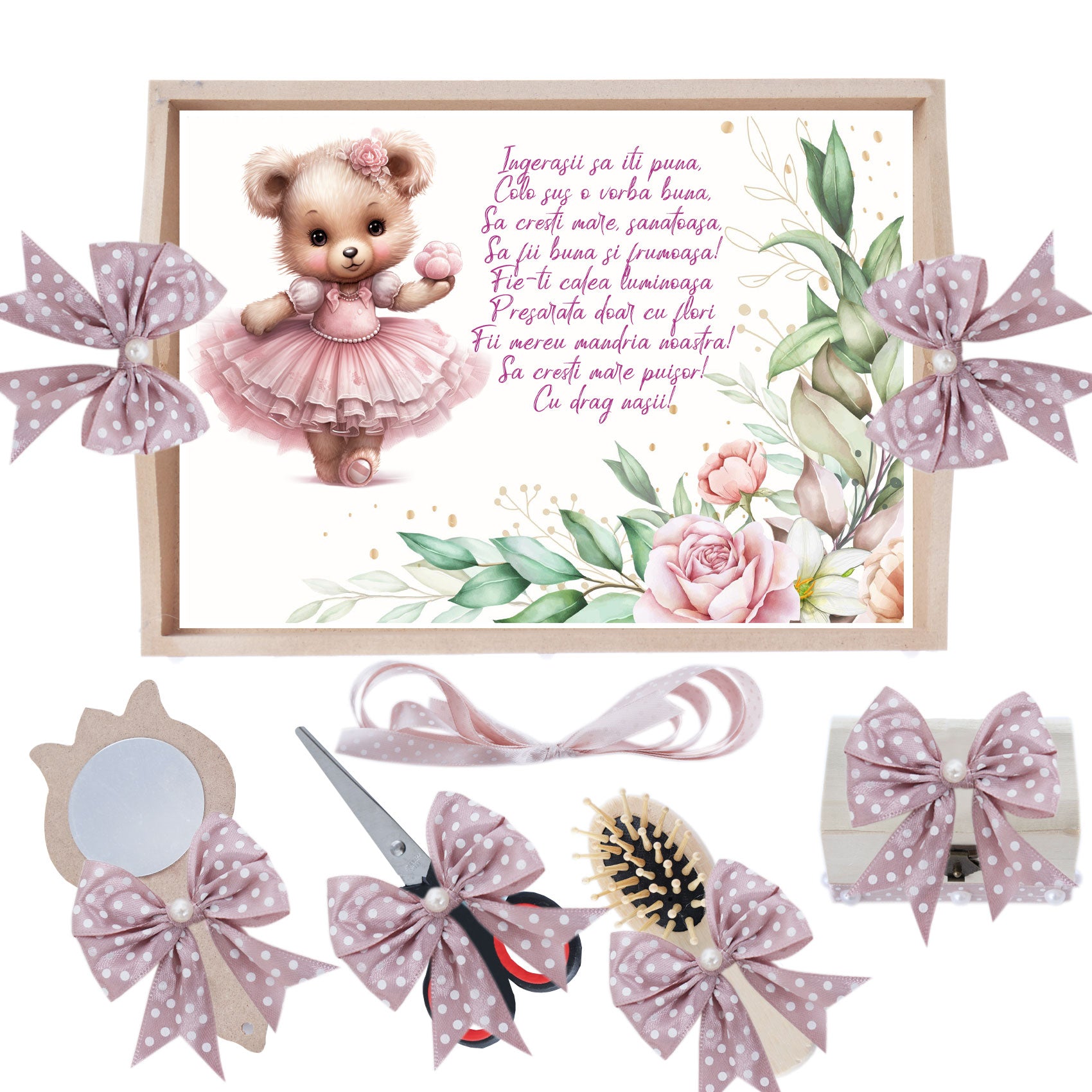 Set tava pentru taiere mot/turta, model cu Ursulet, roz pudrat, 6 piese, 35x20 cm, Recostore®, REC1967/293
