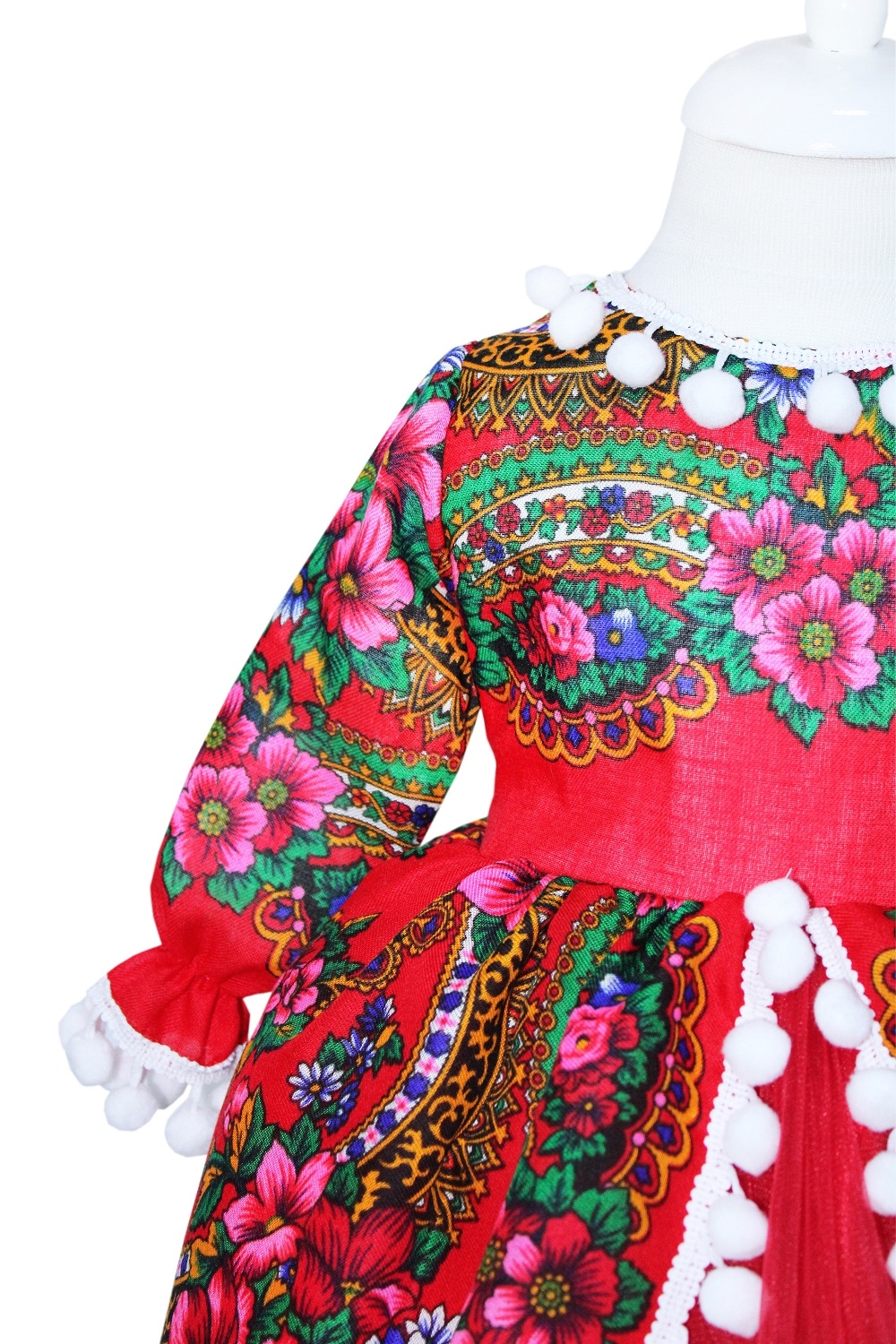 Rochie pentru botez, rosie cu imprimeu floral stil gipsy pentru fetite, 2 piese rochie si bentita, REC1185 - imagine 4