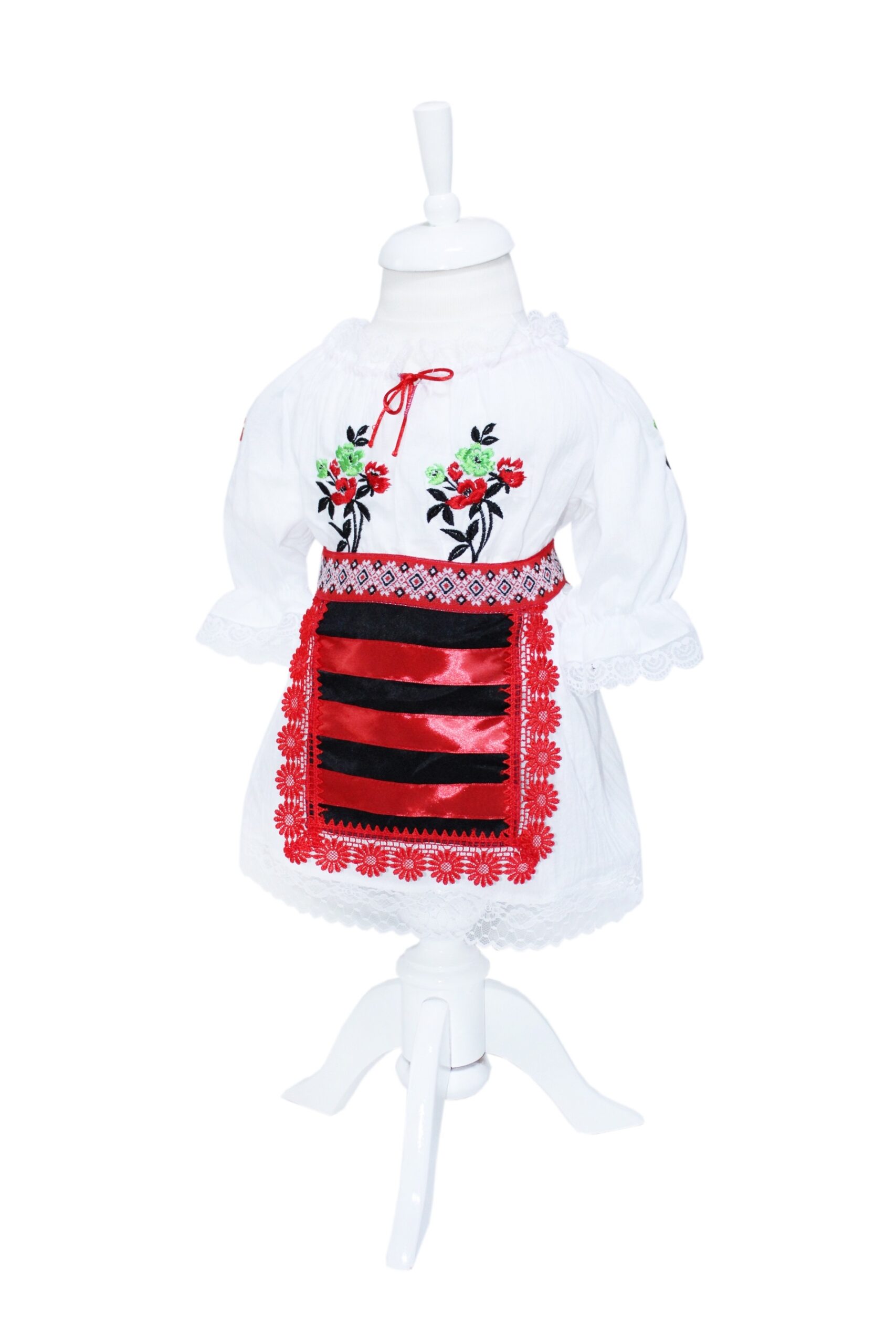 Costum popular alb-rosu pentru botez, 5 piese, bluza, fusta, fota, botosi, batic pentru fetite, REC1182 - imagine 2