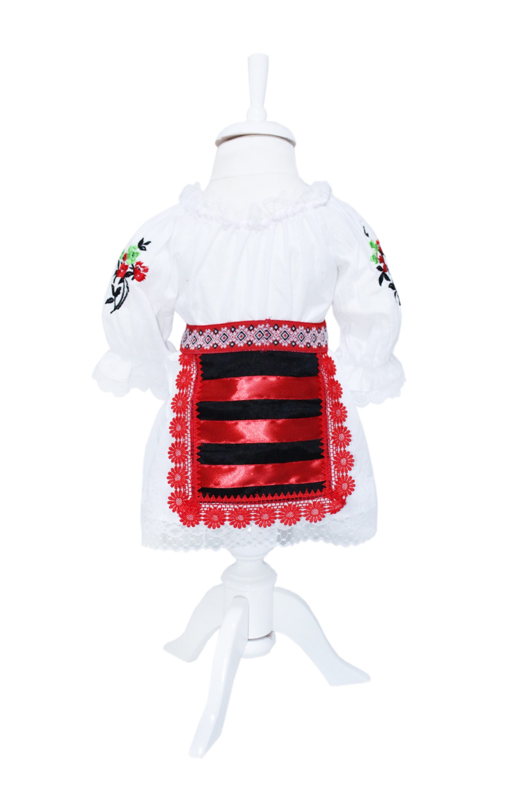 Costum popular alb-rosu pentru botez, 5 piese, bluza, fusta, fota, botosi, batic pentru fetite, REC1182 - imagine 3