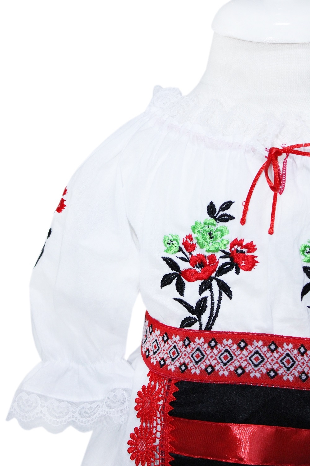 Costum popular alb-rosu pentru botez, 5 piese, bluza, fusta, fota, botosi, batic pentru fetite, REC1182 - imagine 4