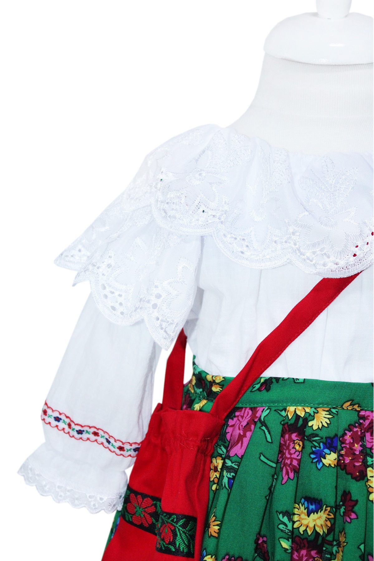 Costum popular alb-verde din zona Maramuresului pentru botez, 4 piese, rochie, fota, traistuta, batic, REC1178 - imagine 4