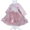 Rochie de culoare roz pudrat din satin si tulle pentru botez, 2 piese, rochita si bentita, REC1173 - imagine 2