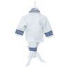 Costum popular pentru botez cu haina groasa din stofa, alb cu motive traditionale albastre, 5 piese, pentru baieti, REC1607