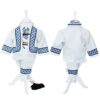 Costum popular pentru botez cu haina groasa din stofa, alb cu motive traditionale albastre, 5 piese, pentru baieti, REC1607