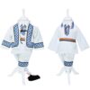Costum popular pentru botez cu haina groasa din stofa, alb cu motive traditionale albastre, 5 piese, pentru baieti, REC1607