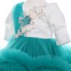 Rochie alb-verde menta cu volanase si broderie aplicata pentru botez, 2 piese, rochie si bentita, Recostore, REC1687
