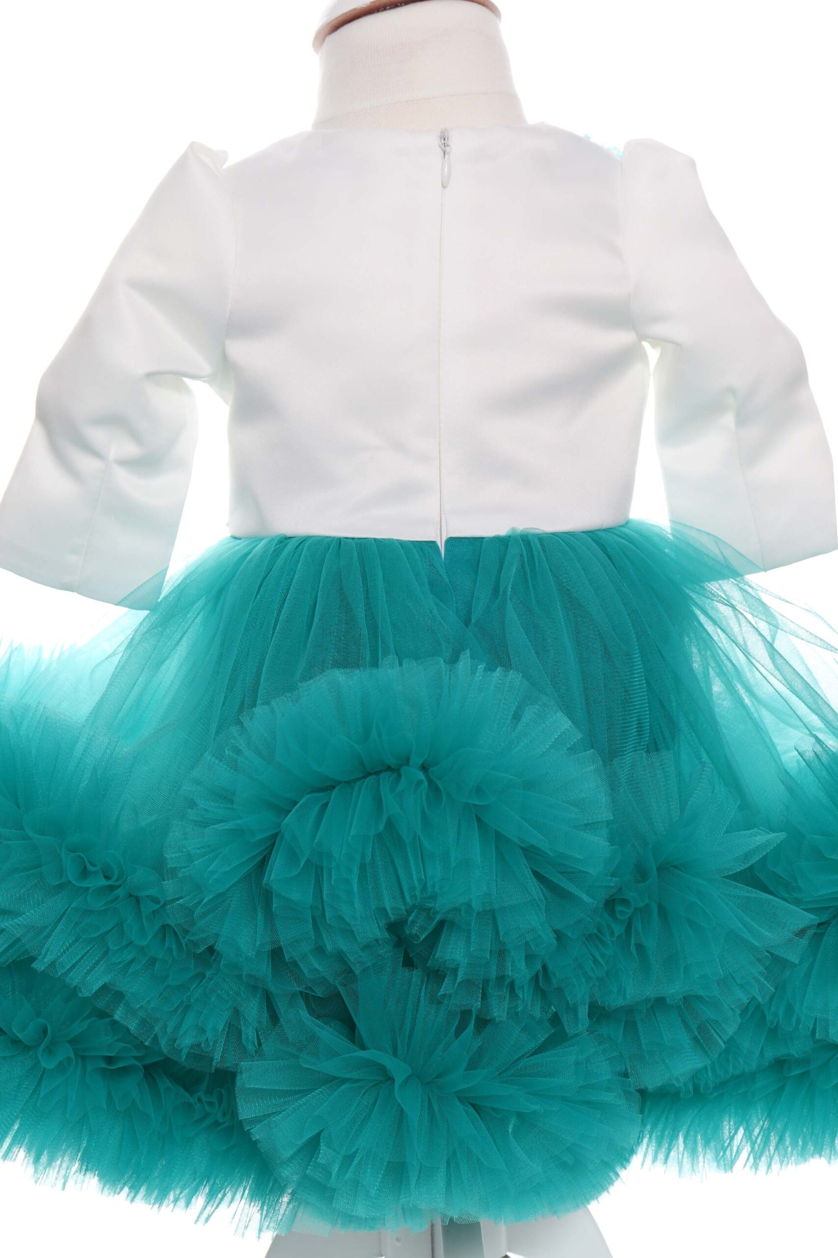 Rochie alb-verde menta cu volanase si broderie aplicata pentru botez, 2 piese, rochie si bentita, Recostore, REC1687