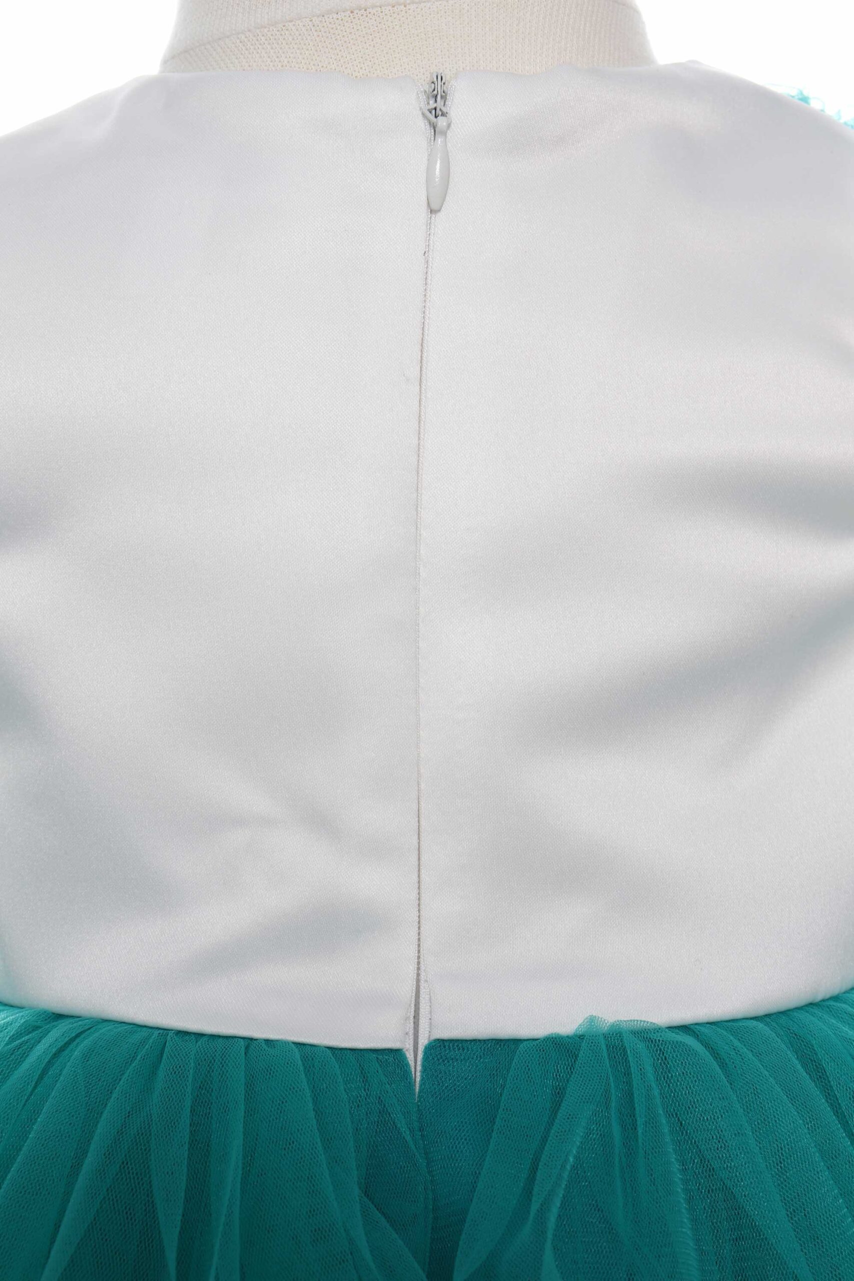 Rochie alb-verde menta cu volanase si broderie aplicata pentru botez, 2 piese, rochie si bentita, Recostore, REC1687