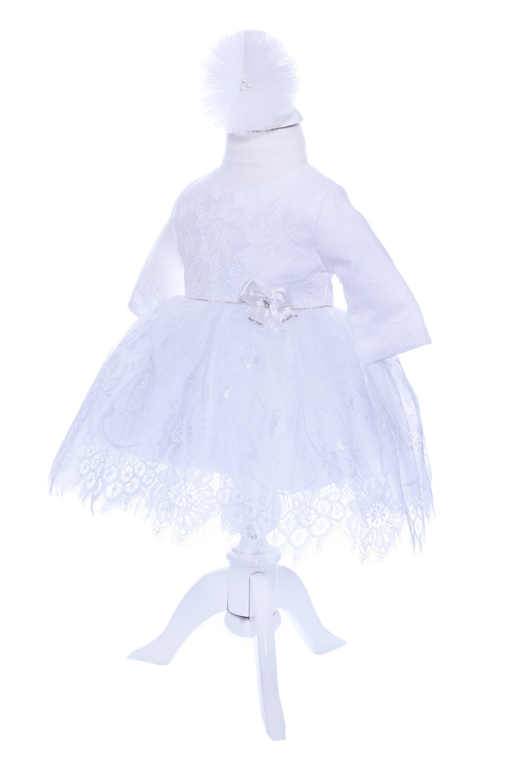 Rochie alba cu dantela pentru botez, 2 piese, rochie si bentita, Recostore, REC1702