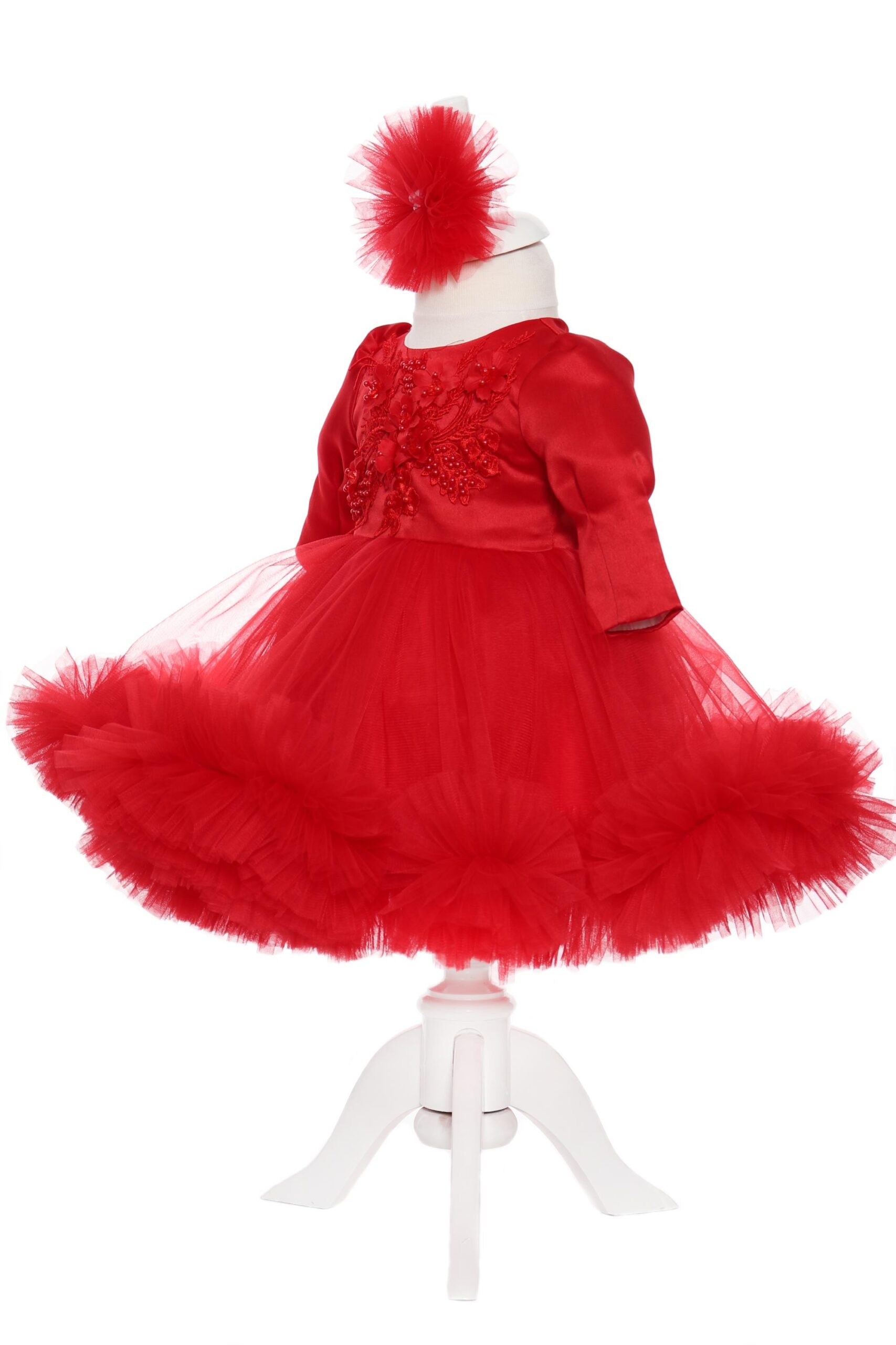 Rochie rosie cu volanase si broderie aplicata pentru botez, 2 piese, rochie si bentita, Recostore, REC1704
