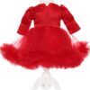 Rochie rosie cu volanase si broderie aplicata pentru botez, 2 piese, rochie si bentita, Recostore, REC1704