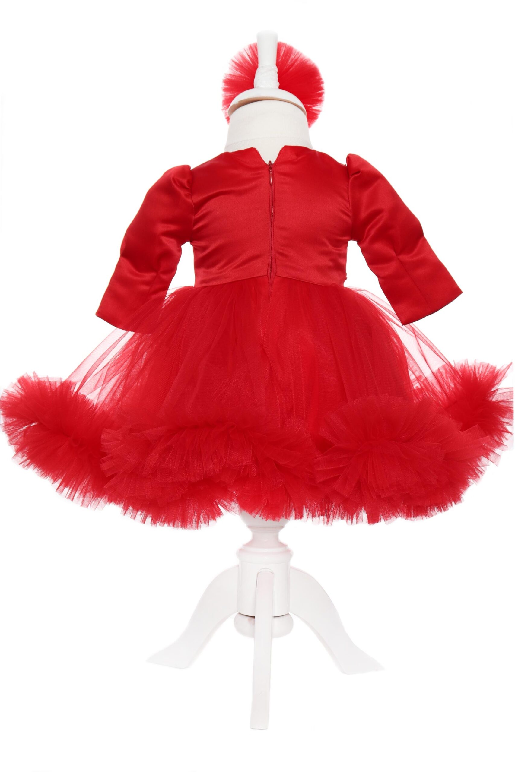 Rochie rosie cu volanase si broderie aplicata pentru botez, 2 piese, rochie si bentita, Recostore, REC1704