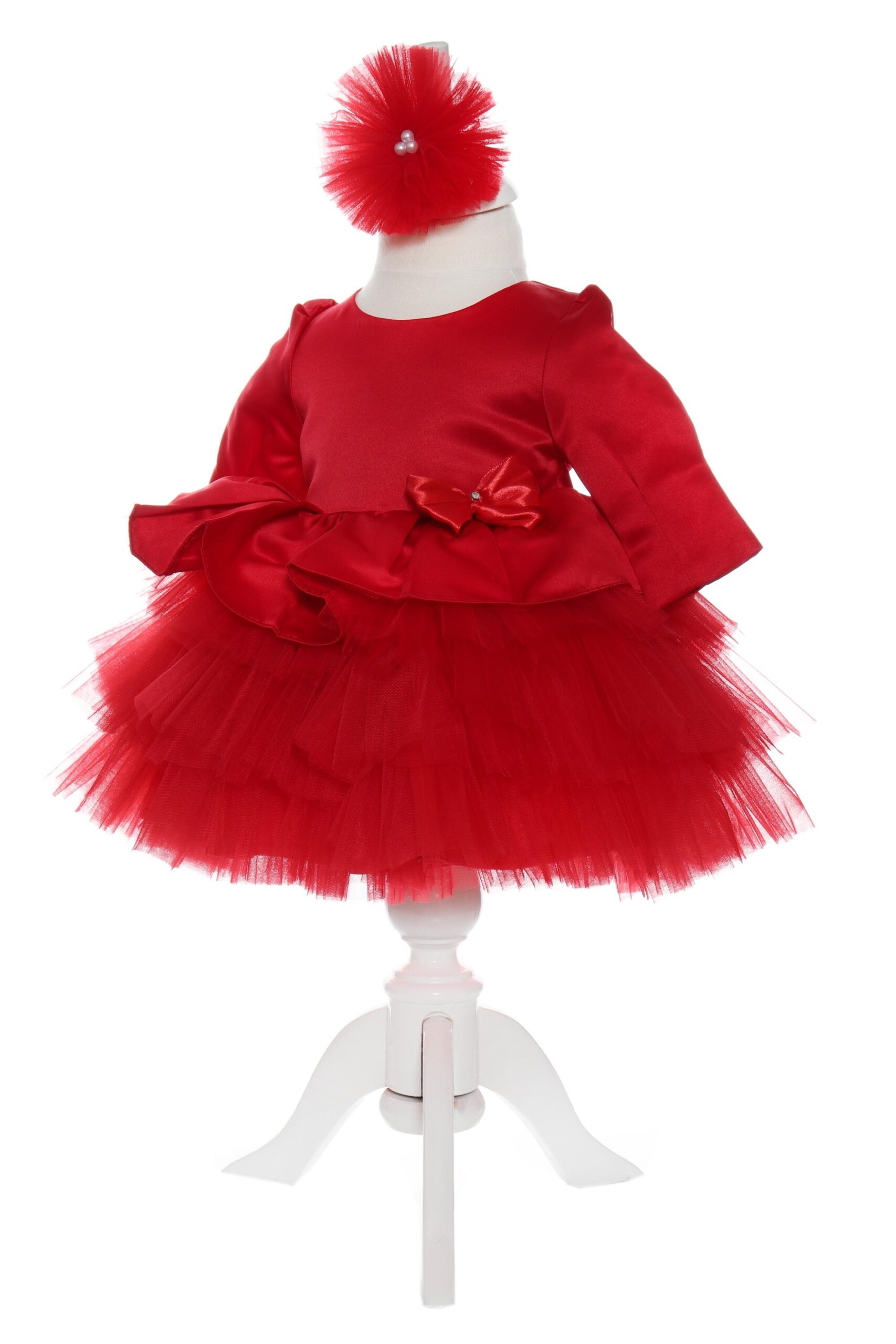 Rochie rosie cu volanase pentru botez, 2 piese, rochie si bentita, Recostore, REC1706