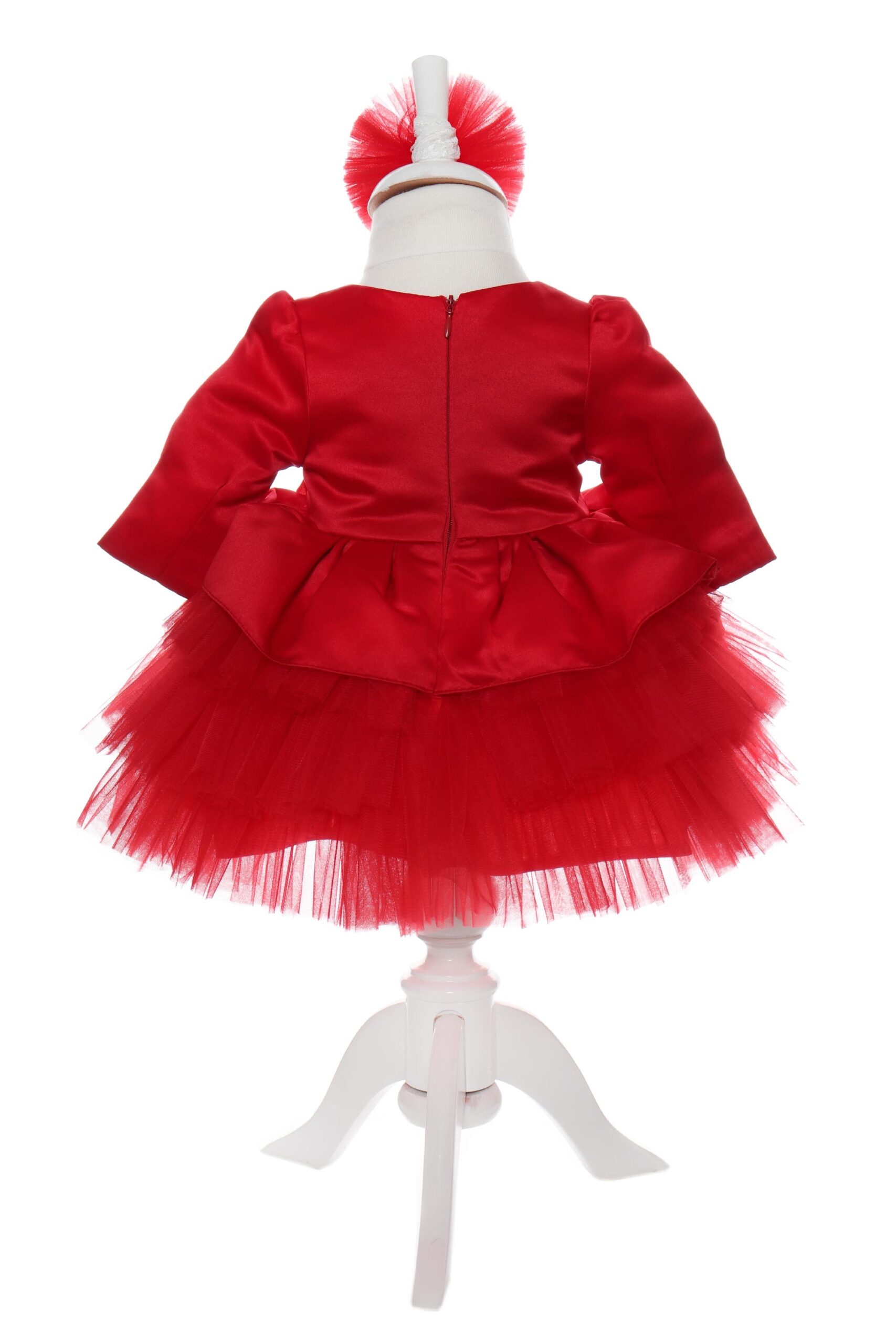 Rochie rosie cu volanase pentru botez, 2 piese, rochie si bentita, Recostore, REC1706