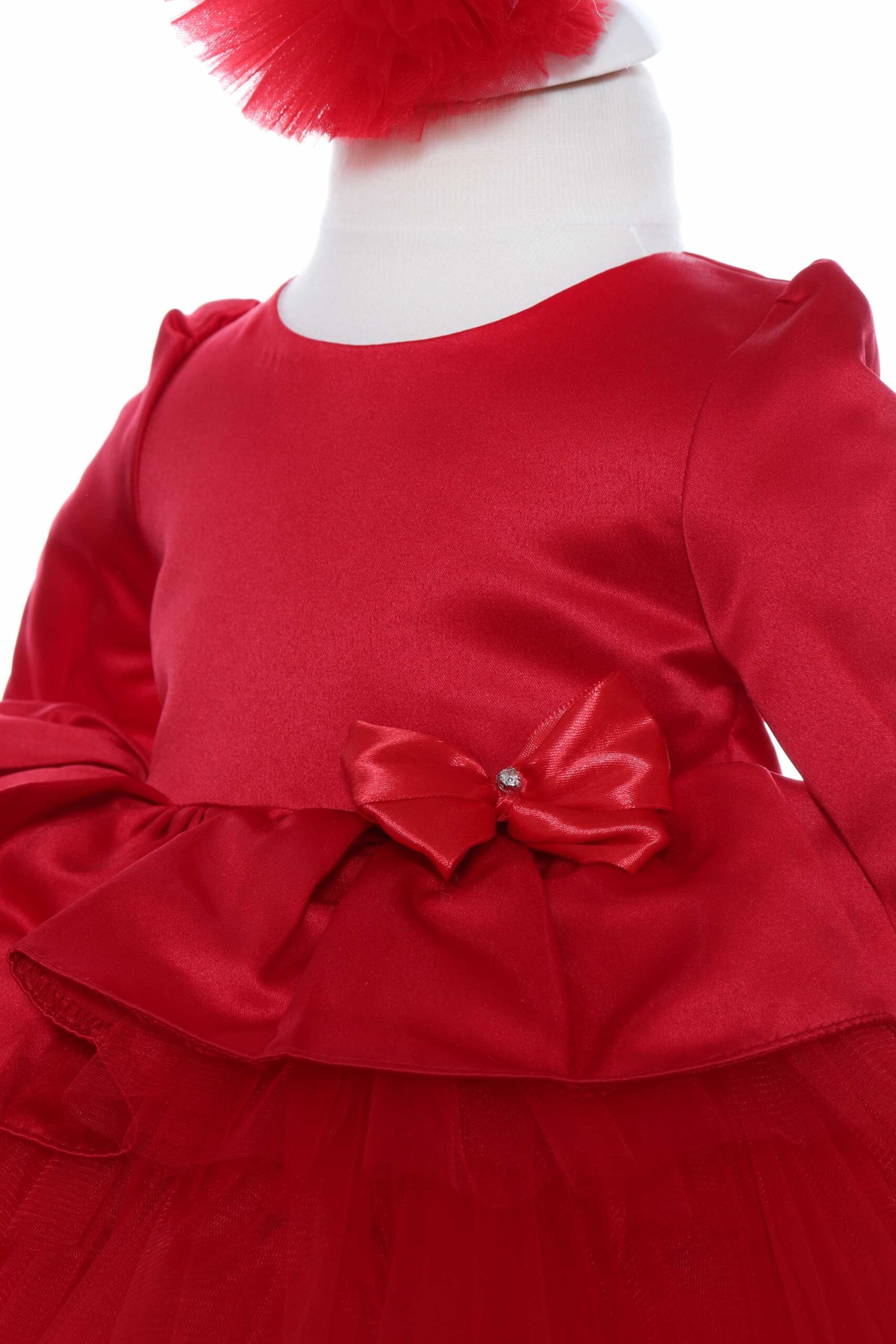 Rochie rosie cu volanase pentru botez, 2 piese, rochie si bentita, Recostore, REC1706