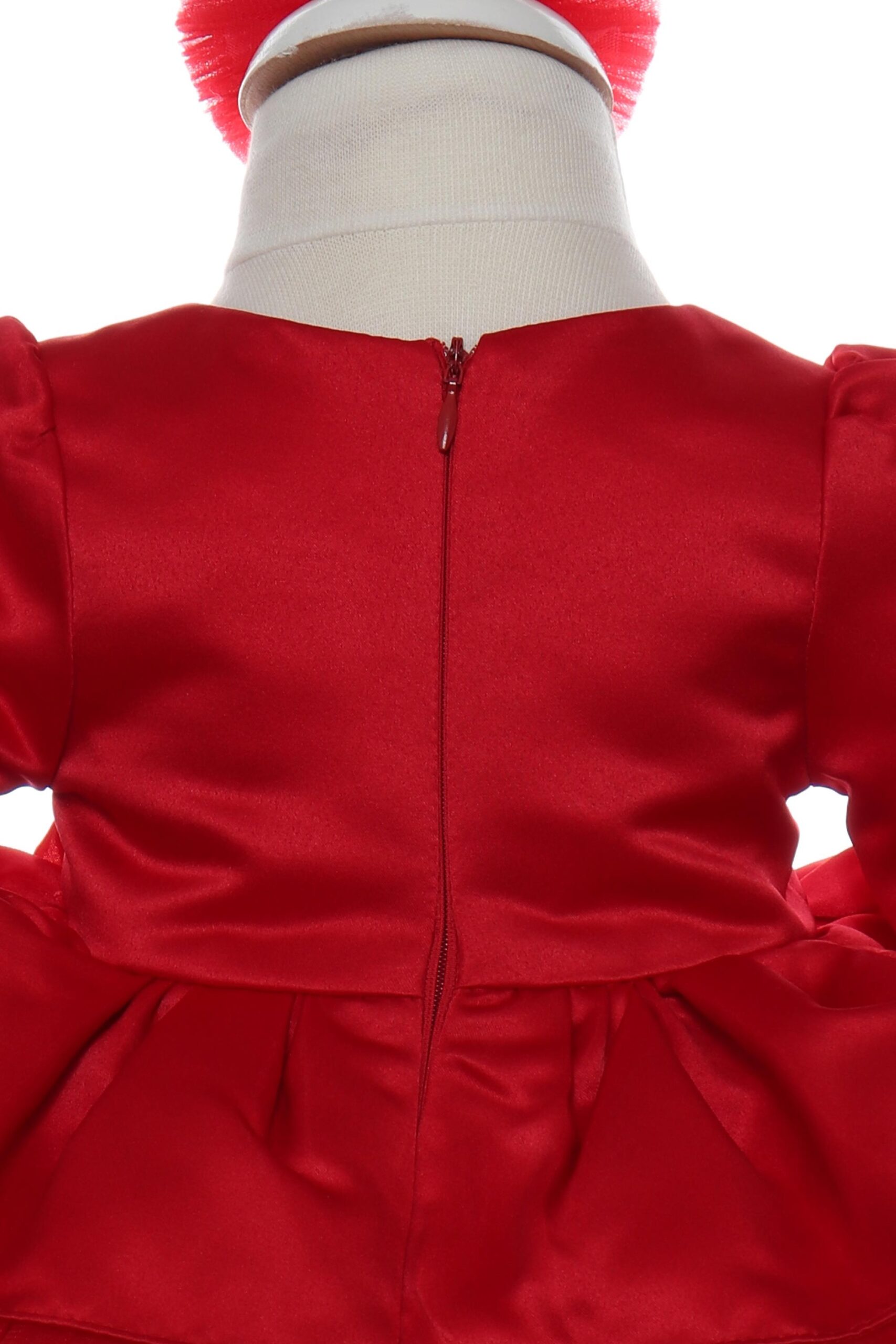 Rochie rosie cu volanase pentru botez, 2 piese, rochie si bentita, Recostore, REC1706