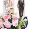 Set lumanari pentru nunta, flori artificiale, roz-bleumarin, 2 bucati, Recostore, REC1709