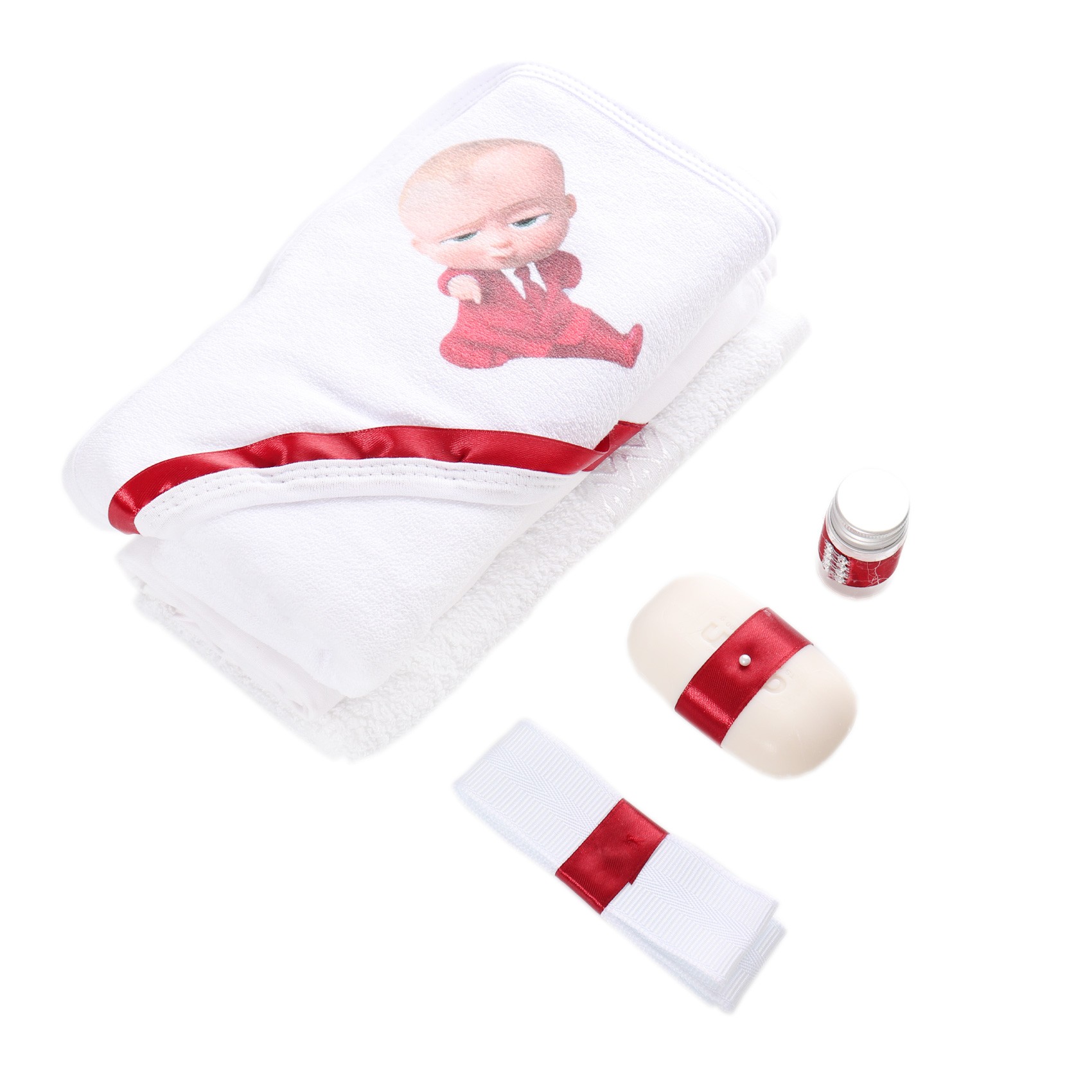 Trusou Bebe Sef alb-rosu, cu mesaj „Cu drag din partea nasilor” imprimat, 6 piese, Recostore, REC1721