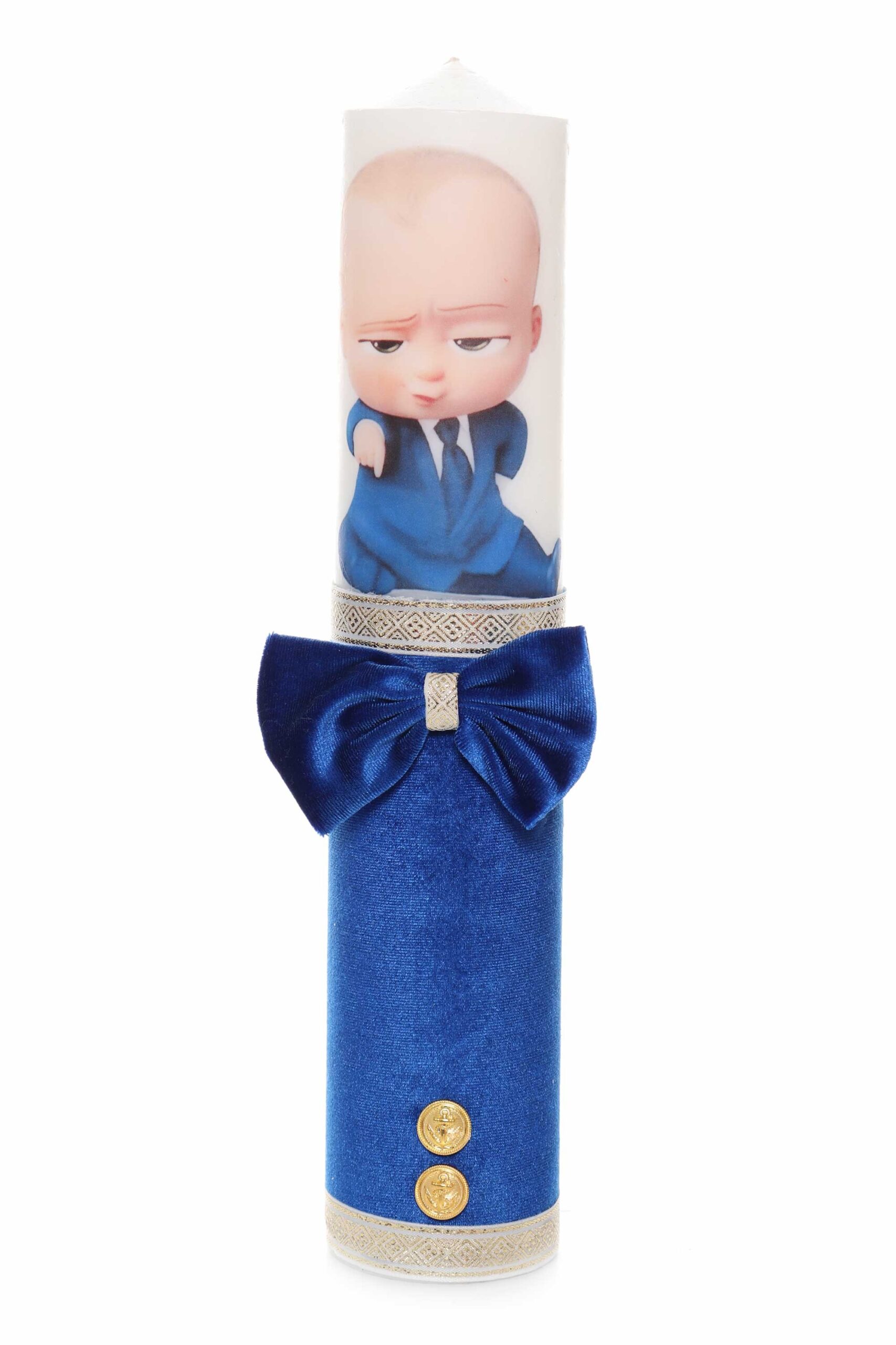 Set trusou si lumanare cu Bebe Boss pentru botez, alb-albastru, 7 piese, Recostore, REC1723