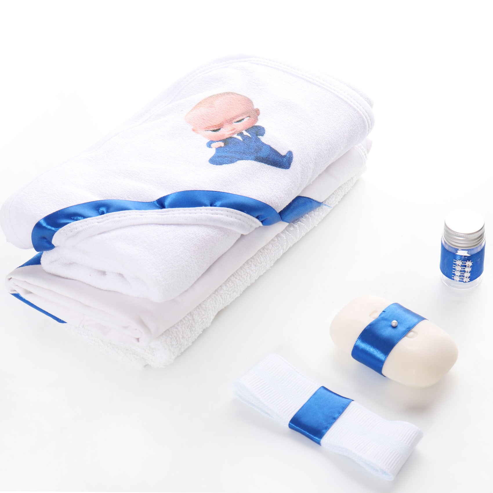 Set trusou si lumanare cu Bebe Boss pentru botez, alb-albastru, 7 piese, Recostore, REC1723