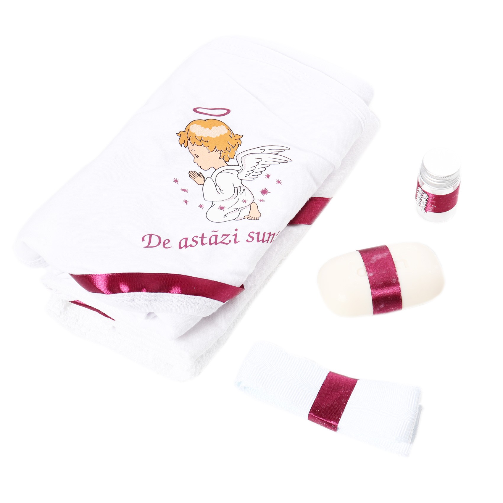 Trusou botez cu ingeras, alb-visiniu, mesaj „De azi sunt crestin” imprimat, 6 piese, Recostore, REC1730