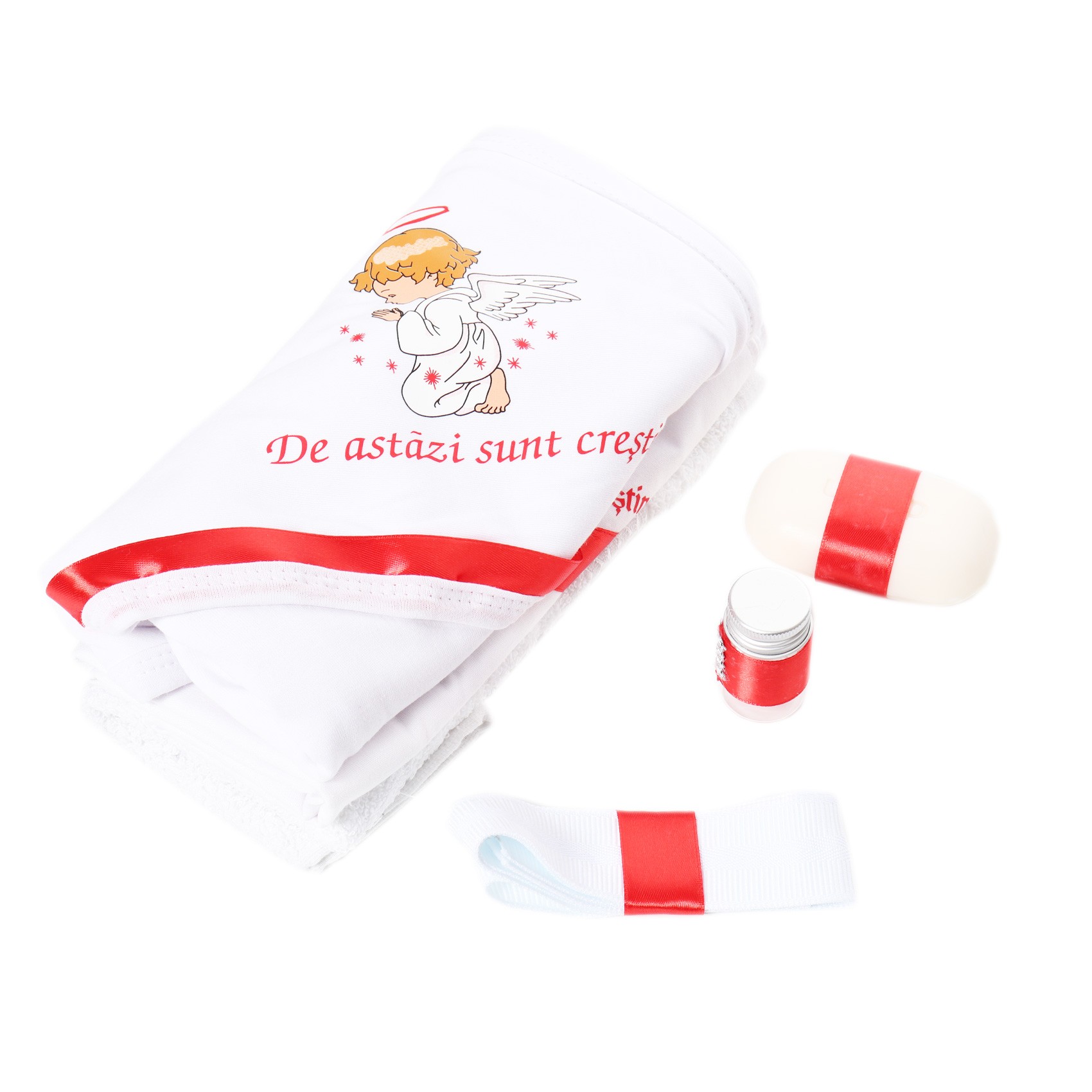 Trusou botez cu ingeras, alb-rosu, mesaj „De azi sunt crestin” imprimat, 6 piese, Recostore, REC1733