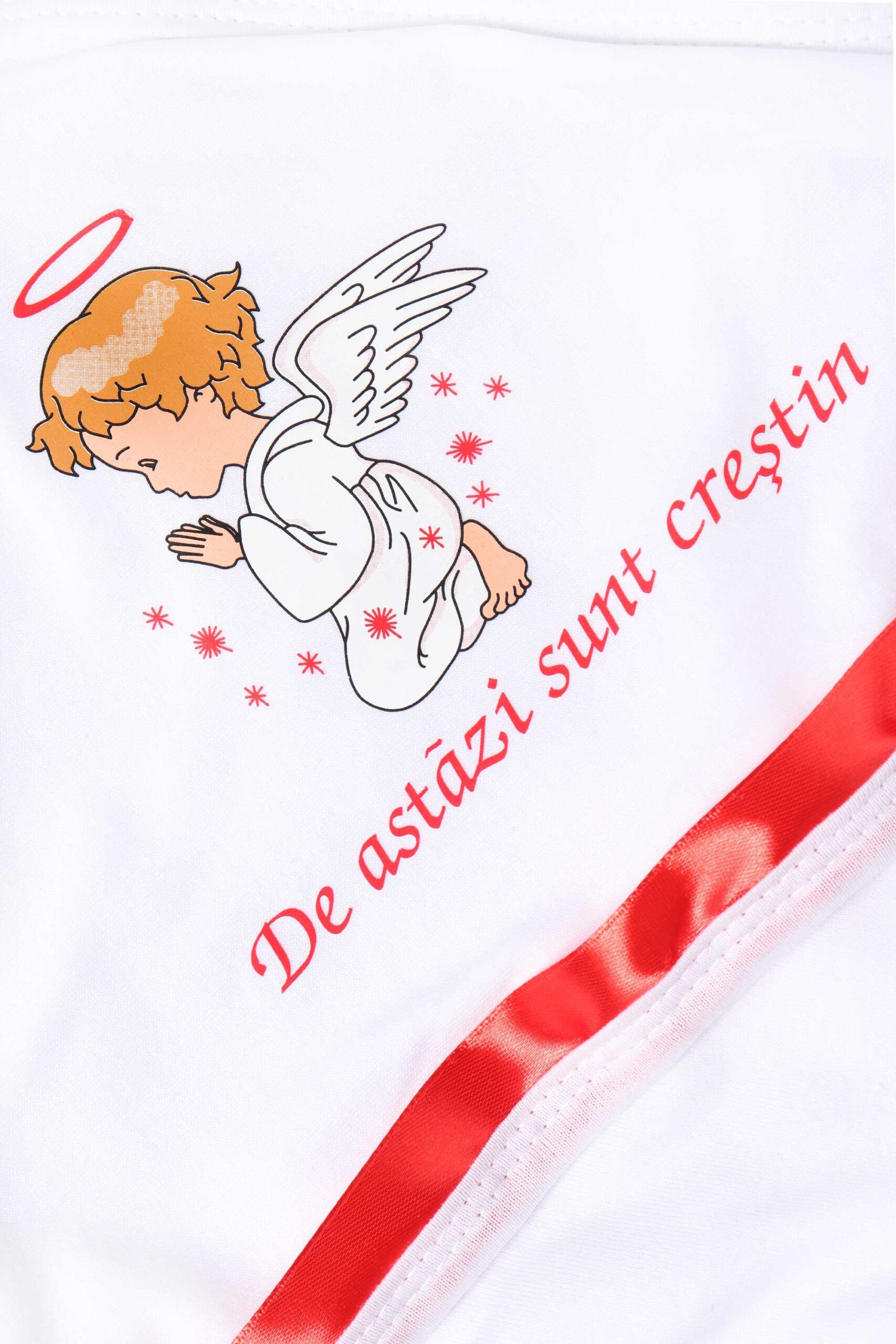 Trusou botez cu ingeras, alb-rosu, mesaj „De azi sunt crestin” imprimat, 6 piese, Recostore, REC1733