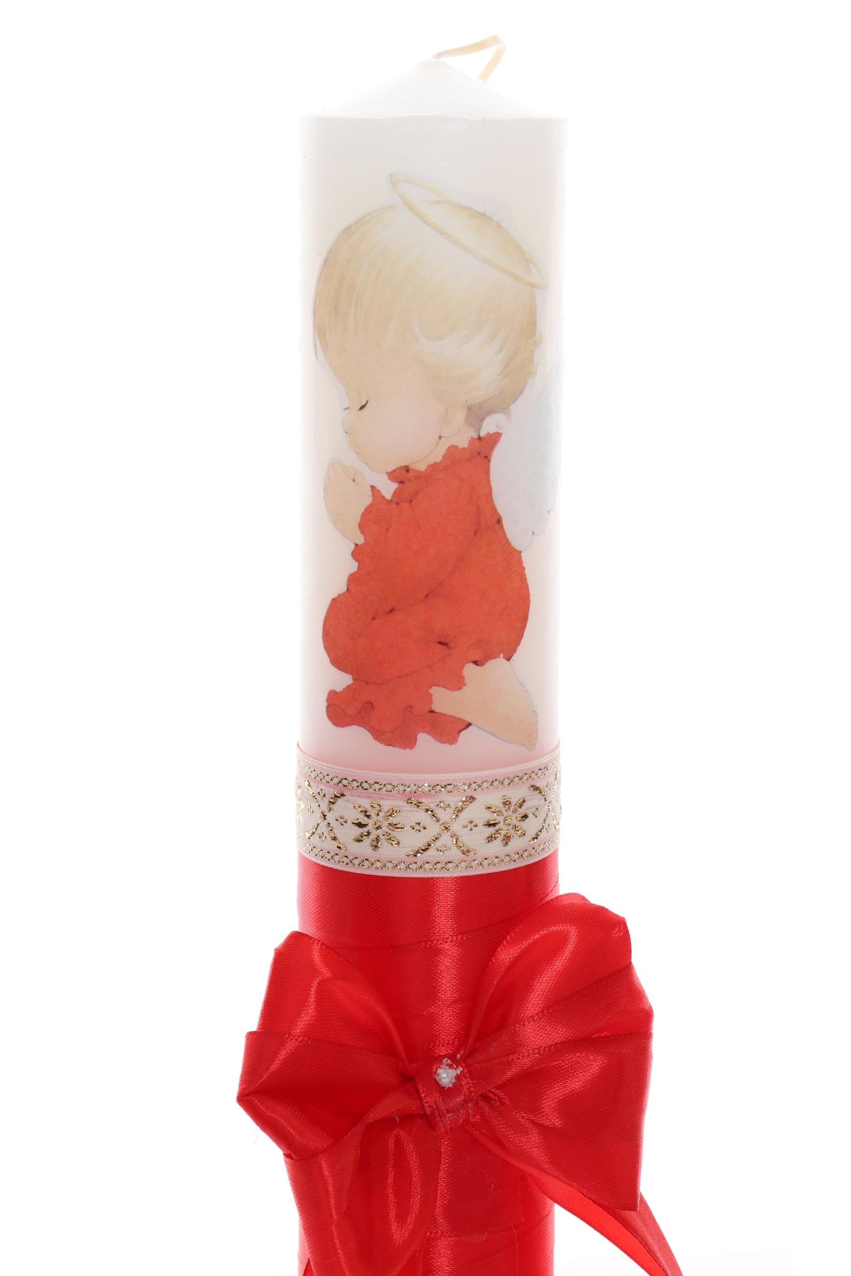 Lumanare rosie cu ingeras pentru botez, 40x7 cm, Recostore, REC1746